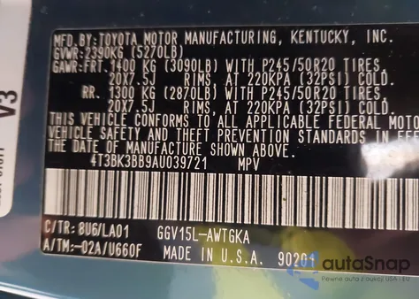 2010 Toyota Venza Base V6 z USA, uszkodzony, nr VIN 4T3BK3BB9AU039721